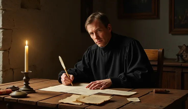  Martin Luther writing an anti-Semitic book,  in a house from the Middle Ages , with a dark tone in the background 