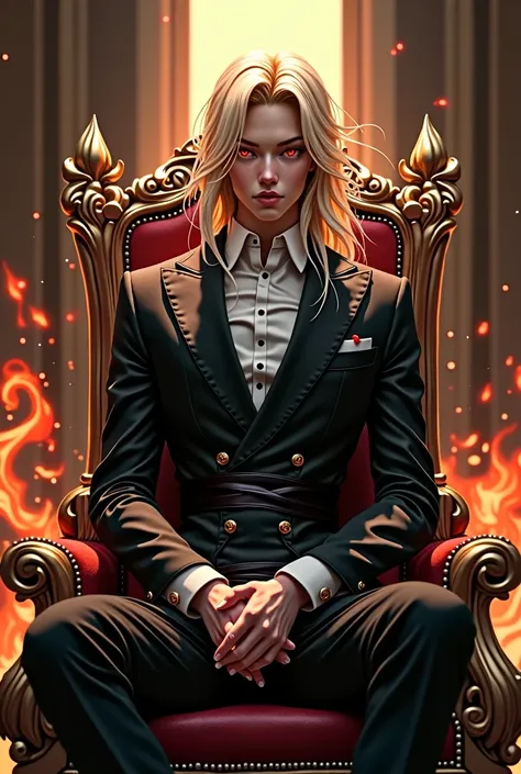 (absurd, high resolution, ultra detailed), 1 man, adult, handsome, tall and muscular boy, broad shoulders, finely detailed eyes and detailed face, long blonde hair, red colored eyes, fantasy, magnificent background,shadow effect, throne, effect, flame anim...