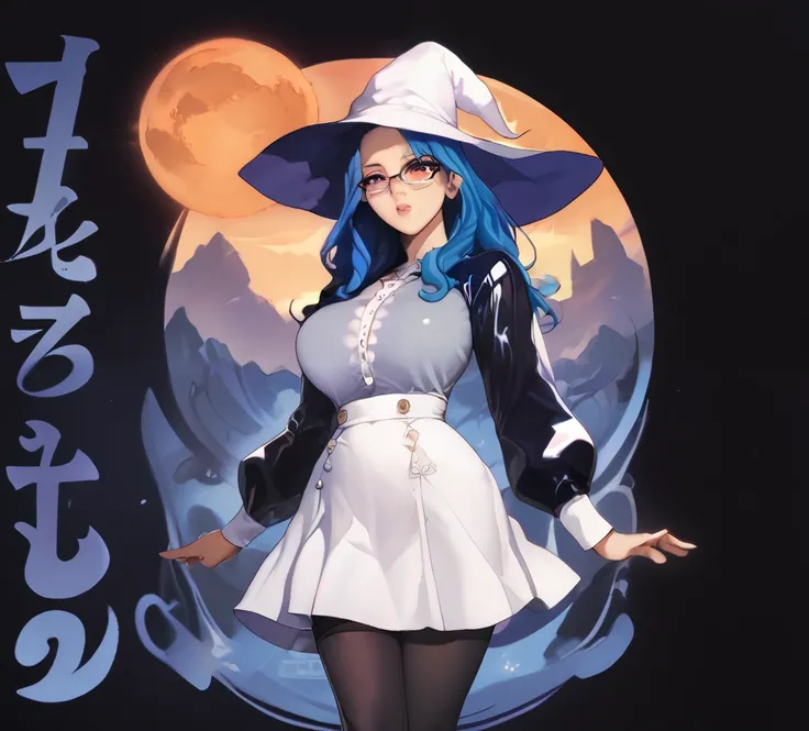  1girl, full,body, black latex shirt, bare shoulders, breasts, tight under shirt, latex under shirt, white skirt, glasses, shoulderless sleeves, large breasts, blue hair, long hair, long white sleeves, long sleeves, witch,sleeves, long hair, witch wat, lar...