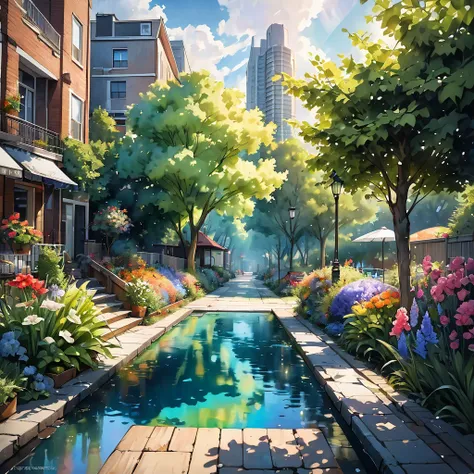 garden city scenery, watercolor painting (pouring, dripping, puddling techniques), blurred painting, water-based paint effects, BREAK delicate and dynamic textures, contrasts of light and shadow, 2.5D, artistic photography, hyper realistic, digital graphic...