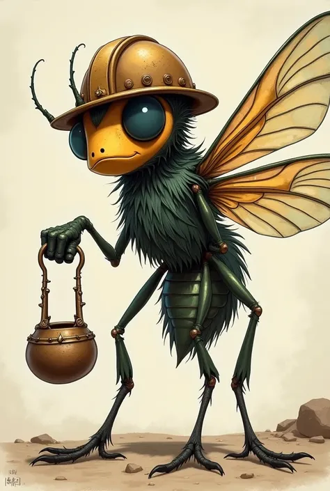 Liriomyza huidobrensis animated with wings with a miners helmet and a pillory in his hand