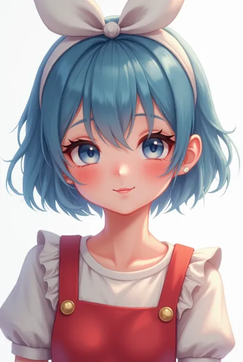 blue short hair, cute face, pretty eyes, apron red, white