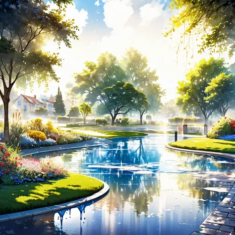 garden city scenery, watercolor painting (pouring, dripping, puddling techniques), blurred painting, water-based paint effects, BREAK delicate and dynamic textures, contrasts of light and shadow, 2.5D, artistic photography, hyper realistic, digital graphic...