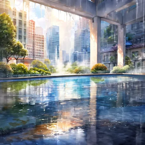 garden city scenery, watercolor painting (pouring, dripping, puddling techniques), blurred painting, water-based paint effects, BREAK delicate and dynamic textures, contrasts of light and shadow, 2.5D, artistic photography, hyper realistic, digital graphic...