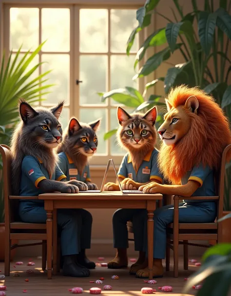 (photorealism:1.2), Bengali tiger alongside a maine coon cat next to a panther accompanied by a lion, working as call center representatives, all wearing iberias uniform with a tropical scenery with candies spread all over the place. wearing long curly hai...