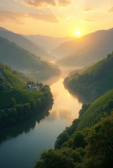 The Moselle with vineyards ,  sunrise with light fog