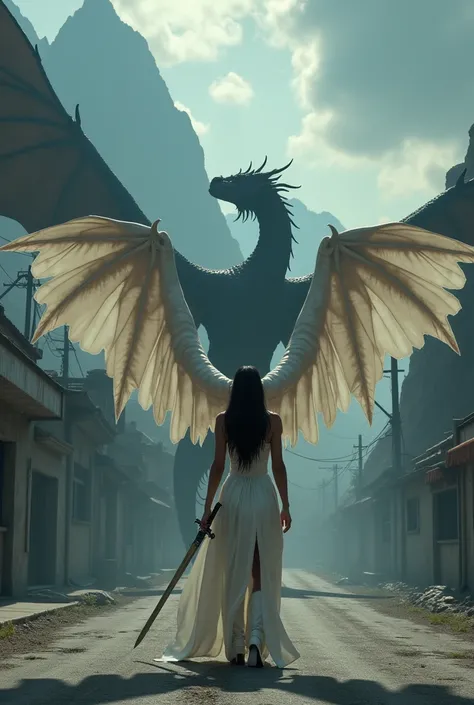 A woman with huge white wings and her face faces the camera with a huge black dragon, stood in the middle of a secluded city street. The woman was wearing a leather outfit of a complete white dress, and boots. A sword is held in their right hands. pointing...