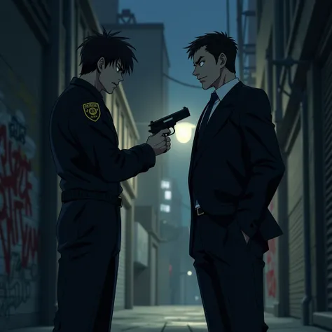 In an anime-style depiction, the two men face off in a tense argument in a dimly lit alley, their bodies poised for conflict. - The Police Officer,stands tall, his sharp features tense with determination. His uniform is slightly disheveled, hinting at the ...