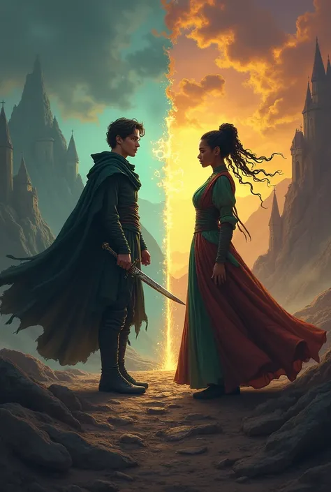 "An immersive fantasy cover featuring two full-body figures, backing each other, standing on opposite sides of a split landscape, their contrasting journeys vividly depicted.

On the left is Edward, a man of average height and build with deep brown eyes an...