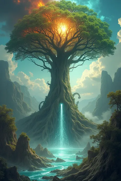  An image depicting five distinct worlds interconnected by a gigantic mystical tree That rises in the center.  The tree is immense ,  with roots extending and enveloping the worlds ,  while its branches touch the sky . On the tree trunk,  flows of brillian...