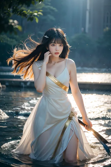 a beautiful korean girl fierce eyeswith flowing dark hair holds a sword with golden light in her mouth.wearing a flowing white d...