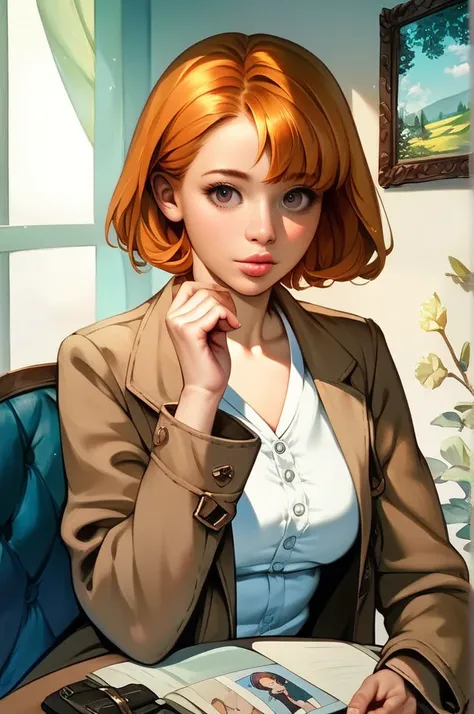 anime style,(1 girl, white shirt, brown jacket, orange hair, upper body, masterpiece:1.4, best quality:1.2, highly detailed, photo-realistic, cinematic lighting, beautiful detailed eyes, beautiful detailed lips, extremely detailed face and portrait)