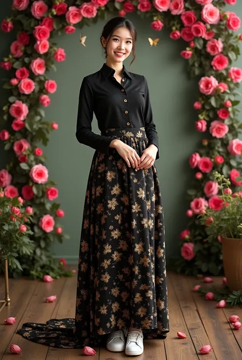 A profesional photos of A Malay women in hijab wear black golf baju kurung with many small flower printed.black gold long skirt printed many small flower.wear white sneaker.standing sweetly while smiles at backgroud have many roses and fliying butterfly 