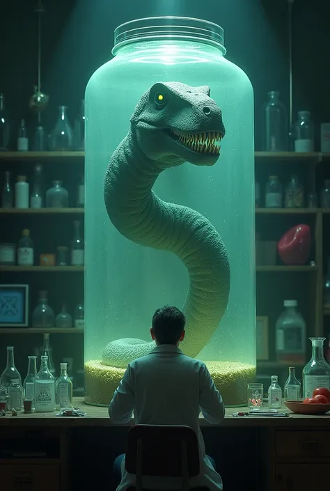 "A scientist in a lab coat observes a terrifying hybrid creature, a fusion of a Giganotosaurus and a Basilosaurus, contained within a large, ominously glowing glass jar. The creatures massive form is coiled within the jar, with the Giganotosaurus’ massive ...