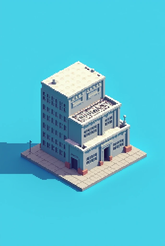 A 2d, pixelart, isometric textile building icon, complete blue background