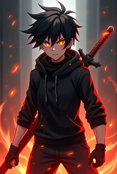 Orange-eyed boy black hair scattered fire magic sword on his back black and red with black hoodie with black gloves in anime style