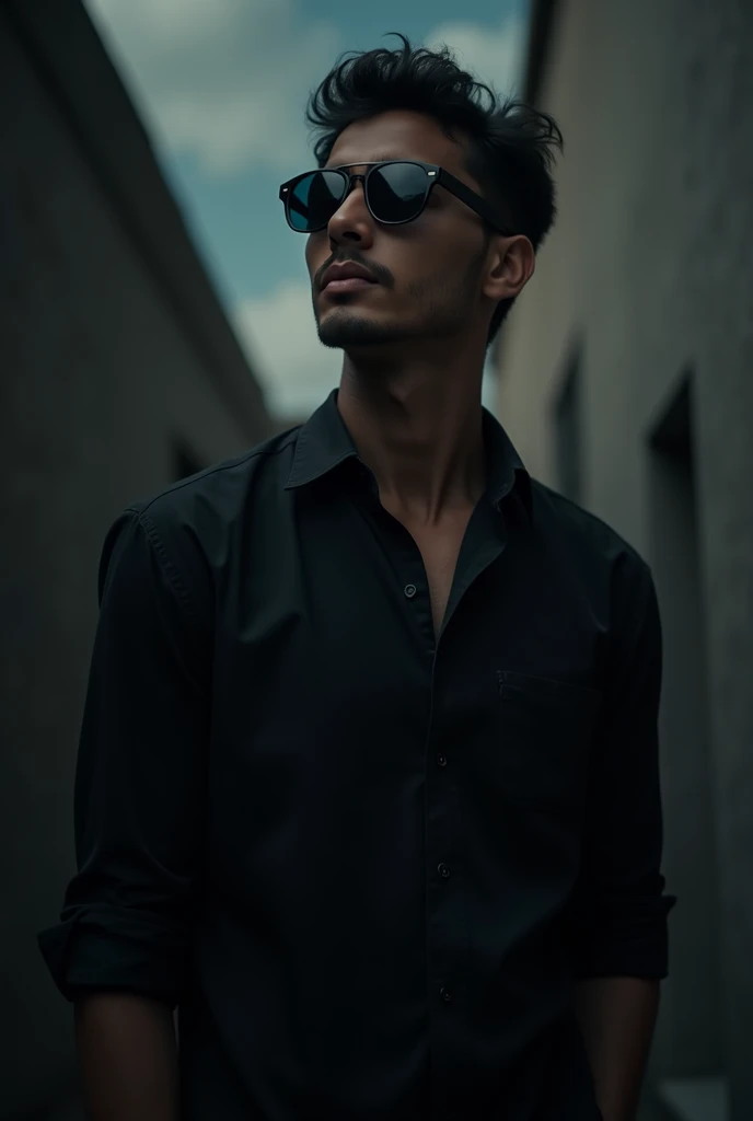 A young pakistani man dresses black shirt looking at sky black sunglasses on eyes with dark background in backdrop poison for professional photo