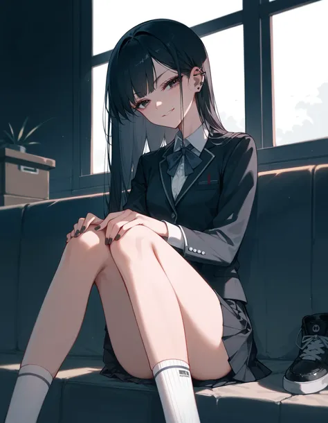 (Masterpiece), (best quality), (high quality), anime, school, 1girl, goth girl, (depressed look), evil smirk, half closed eyes, (detailed eyes), knee-socks, small skirt, dark hair, straight hair, detailed, best quality shadows, highest resolution, 4k