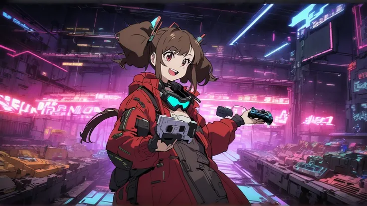 Japanese animation style, masterpiece, dynamic shot, in a cyberpunk abandoned factory with glittering neon lights, a smiling 18-year-old Japanese woman with a small drone in one hand and an RC controller in the other, wearing black rider goggles around her...