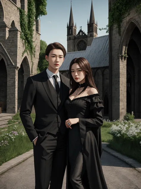  ceremonial image of a couple in formal clothes ,  Korean man with brown hair short brown eyes , black silk tie , black silk shirt, black jacket ,  black pants with a European-looking girl ,  blue eyes,  brown long hair ,  long black strapless funeral dres...