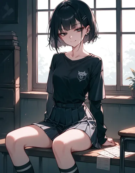 (Masterpiece), (best quality), (high quality), anime, school, 1girl, goth girl, (depressed look), evil smirk, half closed eyes, (detailed eyes), knee-socks, small skirt, dark hair, straight hair, detailed, best quality shadows, highest resolution, 4k