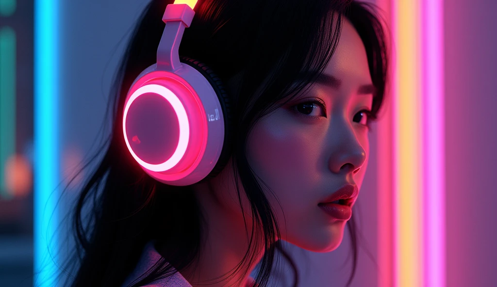 A captivating and surreal digital artwork of a beutifull Asian woman profile, where she dons a stylish ren and yellow neon headphones. Her black hair and face merge seamlessly with an array, in a dazzling mix of fluorescent neon colors like pink, blue, yel...