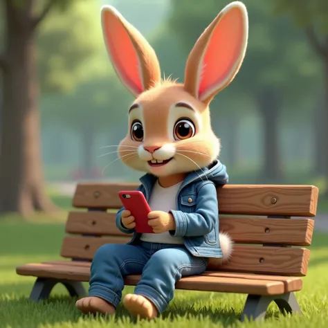 Image is a whimsical, digitally created scene featuring an anthropomorphic rabbit sitting on a wooden park bench. The rabbit has light brown fur, large expressive eyes, and long ears. It is dressed in a casual outfit consisting of a blue denim jacket and m...