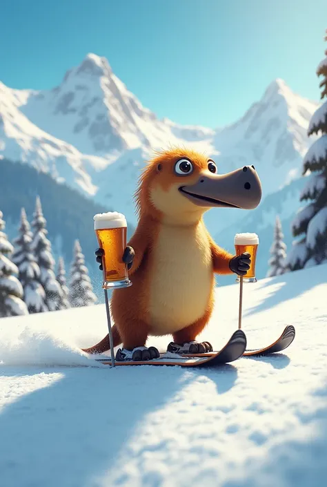 Un ornithorynque drôle avec un bec quon voit descendre des pistes sur des skis avec un verre de bière dans la main avec des montagnes en arrière plan 