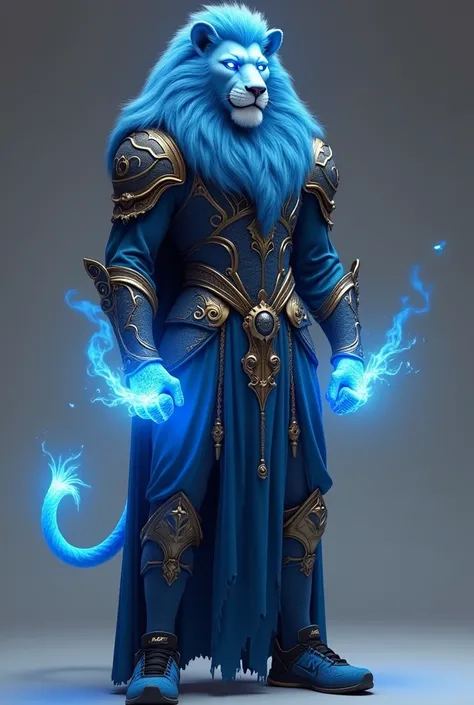  A thin and tall blue-colored humanoid male lion , with blue eyes and mane , clenched fists from which blue lights emanate , Medieval-Modern Blue and Gold Armor dress with Dark Blue details that covers the chest.  Feet wearing Nike Blue and Black running s...