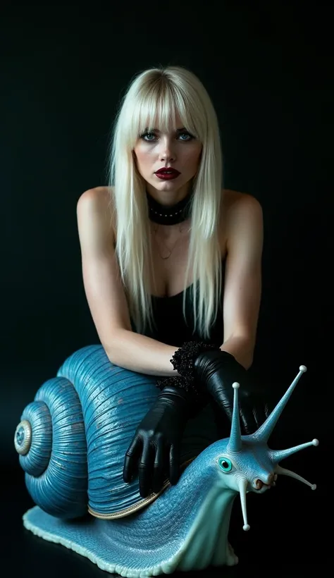    monochrome   , Photo,     woman with red lips    ,  blonde with long hair with bangs on her side    ,     In black leather gloves    , cleavage, leather belt on her neck    , Background Black, a turquoise eye ,  sits on a huge blue snail 