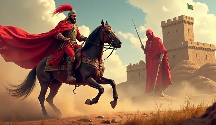 high quality, 8K Ultra HD, A vibrant and dynamic artwork featuring a dramatic composition. In the foreground, an aggressive warrior on a richly adorned horse, wearing traditional arabian. in background, there is a castle, and a red giant looking from the s...