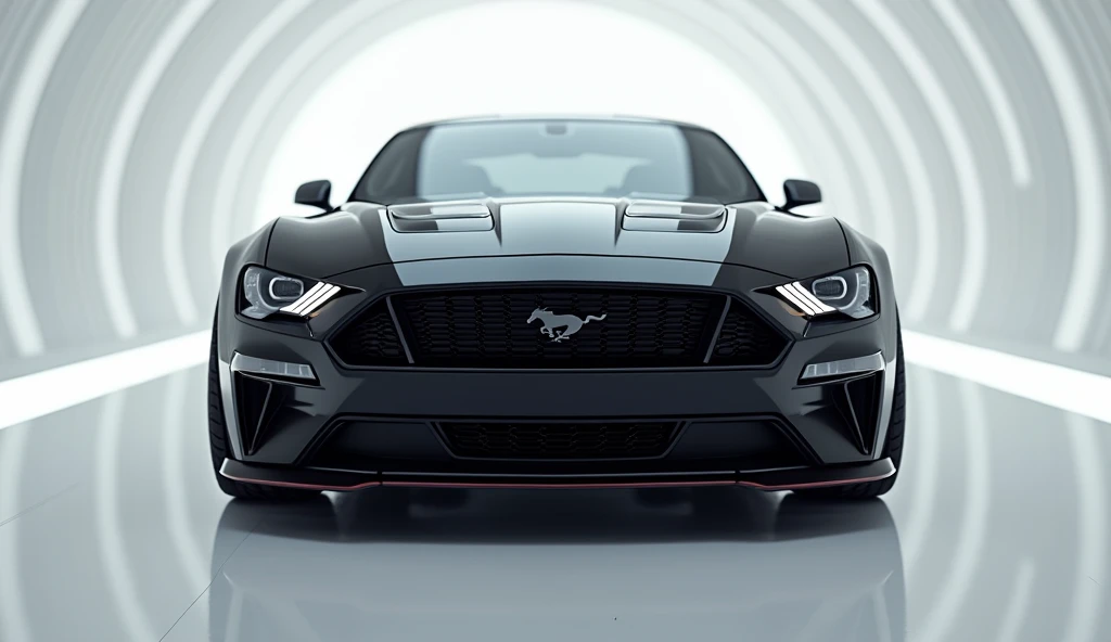 A stunning CLOSE VIEW OF futuristic new 2025 ford mustang cadiklac XLR  takes center stage in a luxury white showroom. The vibrant black exterior gleams, drawing attention to its sleek, aerodynamic design and bold accents.The front view showcases the cutti...