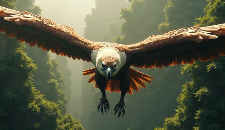   Generate a high quality, realistic seen in cinematic 3d style.
 A large bird of prey with sharp talons and piercing eyes, flying above a forest, scanning the ground for prey.
