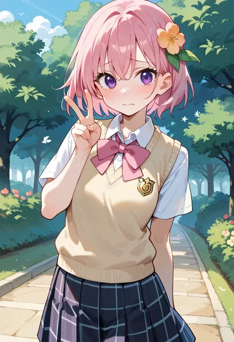 Ph Momo , Peach, ふPeach, Alone,  1 girl ,   Pink Hair, Purple Eyes,  Short Hair ,  hair flower,  Sweater Vest ,  school uniform, Big Eyes,  Checked Skirt , 黒の太Peachハイソックス, makes a peace sign,  embarrassed 