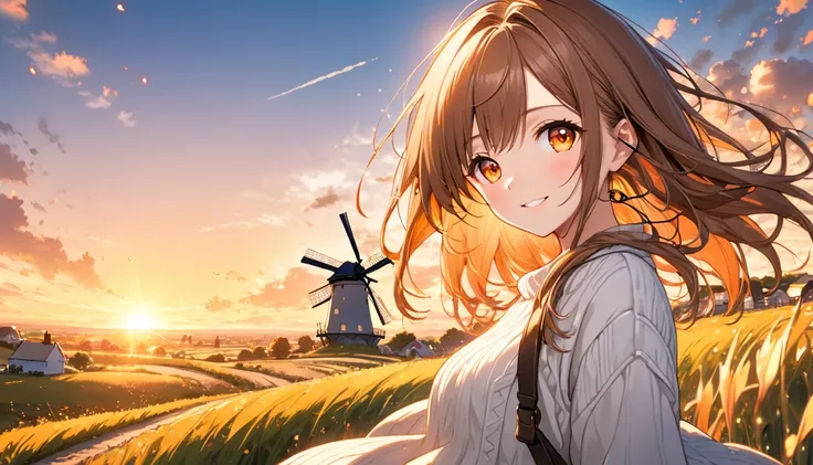 background：Windmill Hill at dusk 、 Expanding prairie and windmills visible in the distance。  
expression： Relieved Smile 。  
Costume： Light sweater and jeans 。  
 pose： Walking towards the windmill 、 Fluttering hair in the wind 。  
scene：( Brown-haired gir...