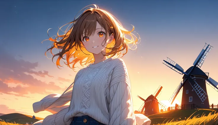 background：Windmill Hill at dusk 、 Expanding prairie and windmills visible in the distance。  
expression： Relieved Smile 。  
Costume： Light sweater and jeans 。  
 pose： Walking towards the windmill 、 Fluttering hair in the wind 。  
scene：( Brown-haired gir...