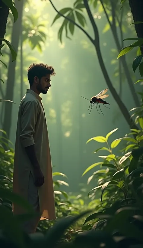 A mosquito and a 23 year old Indian man are face to face.in forest seen