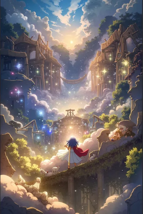 Studios Ghibli

The atmosphere is both magical and moving.,  mixing melancholy and hope .  The contrast between the golden light emitted by the flute and the soft shadows of the ruins creates a visually stunning scene ,  charged with emotion and mystery .