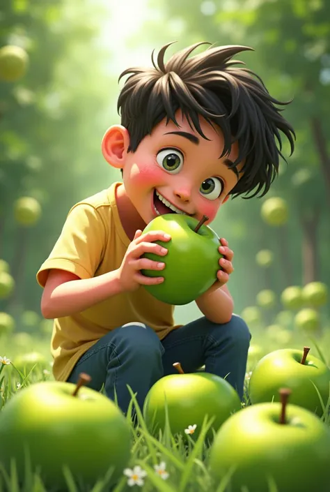 Generate an image of ren having fun with elements of fresh green apples. NOT ILLUSTRATED BUT REALISTIC