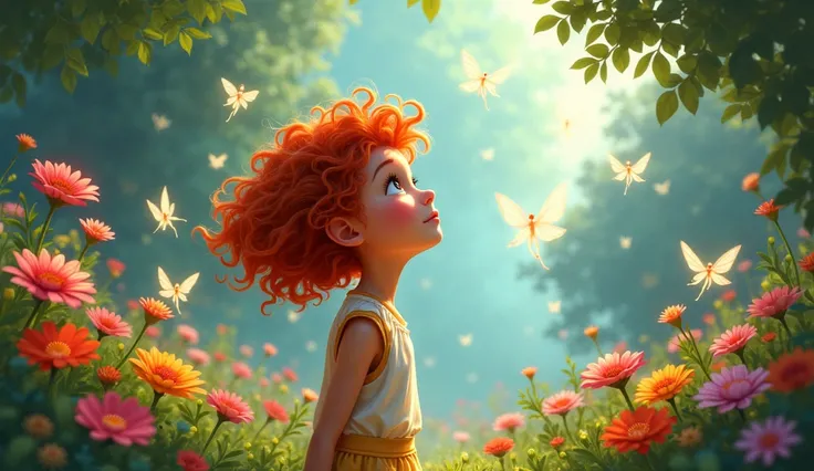 Image Prompt:

A magical garden filled with vibrant flowers and tiny glowing fairies fluttering around. Lila a young  stands in awe with her eyes wide and her curly red hair bouncing, as she looks up at the fairies dancing above the flowers. Create a wonde...