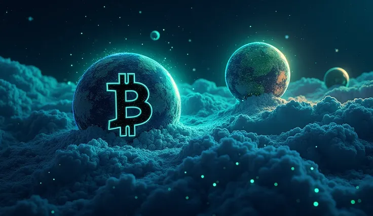 A vast pixel-art universe where planets are shaped like $BTC and $ETH symbols, connected by glowing neon blue and green cosmic trails. The background features a digital galaxy with stars that resemble cryptocurrency blocks. The scene conveys the vastness a...