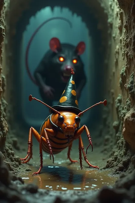 A cockroach wearing a hat in a sewer hiding from a creepy rat 