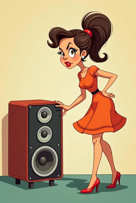  Create in Cartoon,  a woman in a retro dress, with a bad face, Turning off the speaker