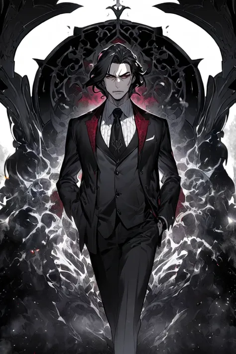 Create a middle-aged man as the head of a villainous organization. He should be arrogant, radiate an aura of coldness and indifference. Wear a black suit and a burgundy tie. Black hair.