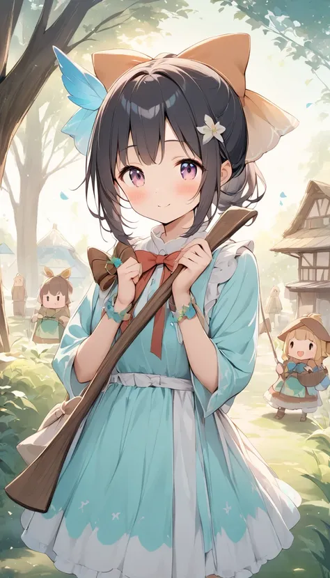    holding a wooden bow bright lines and soft colors create a dreamy effect., A fleeting impression.., one woman 、Girl with a wooden bow    、I have a wooden bow、cute、  Fantasy Villagers 、Background white、 pee 