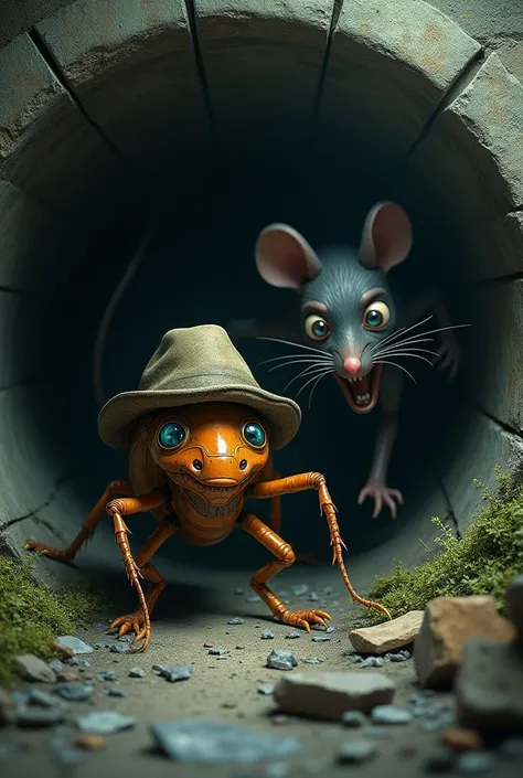 A cockroach wearing a hat in a sewer hiding from a creepy rat, The rat catches the cockroach 