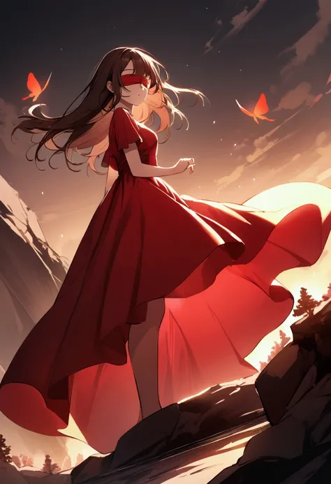 A brown-haired Chinese young woman in a red long airy dress with a red blindfold and a red butterfly 