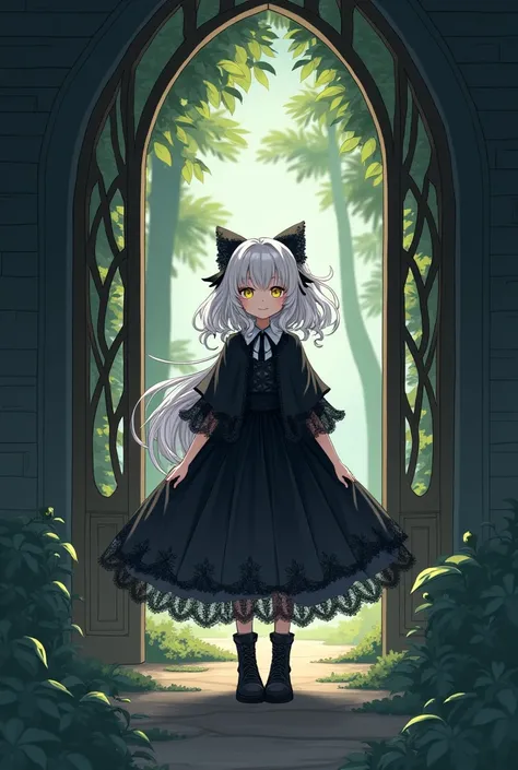 An illustration of a servant witch wearing black geometric lace, facing the front and smiling at the viewer at the entrance of a mansion in a dark forest.
BREAK,
cute,
servant witch,

One person,
BREAK,
pure white hair,
longest hair,
wavy hair,
curly hair,...