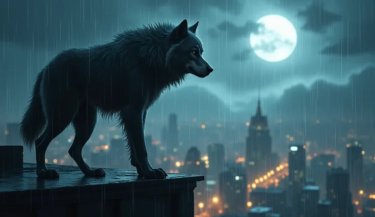  A werewolf on top of a building , standing,  observing the illuminated city below as it envelops the All .  The full moon shines brightly ,  its rays penetrating through the gaps of the rain-laden clouds ,  night creating a soft light that reflects from t...