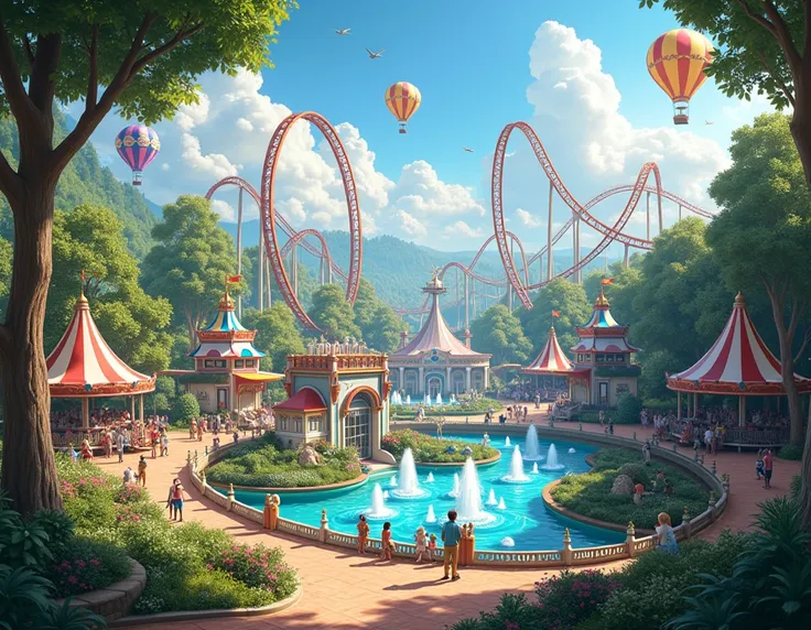 A vibrant amusement park surrounded by lush trees that create a natural, serene boundary. Inside, the park is alive with excitement, featuring thrilling roller coasters that twist and turn high into the sky. Colorful fountains dance with water jets, sparkl...